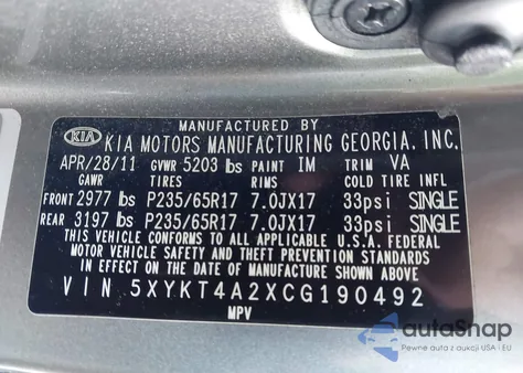 2012 Kia Sorento Lx V6 z USA, uszkodzony, nr VIN 5XYKT4A2XCG190492